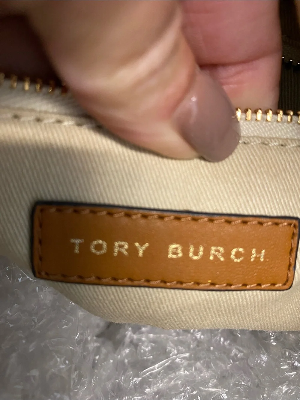 Tory Burch Canvas Tote with Tan Leather Trim and Embroidered Medallion